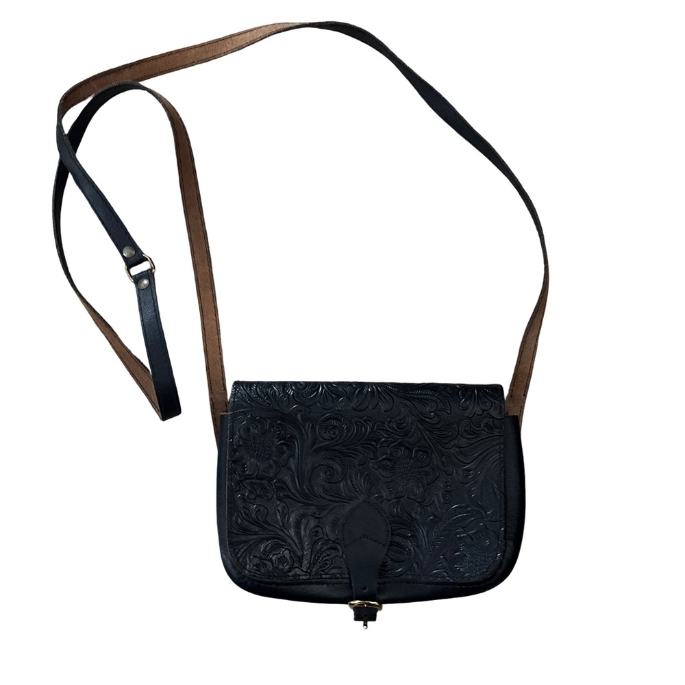 Vintage Black Embossed Leather Crossbody Bag - Picture 3 of 5